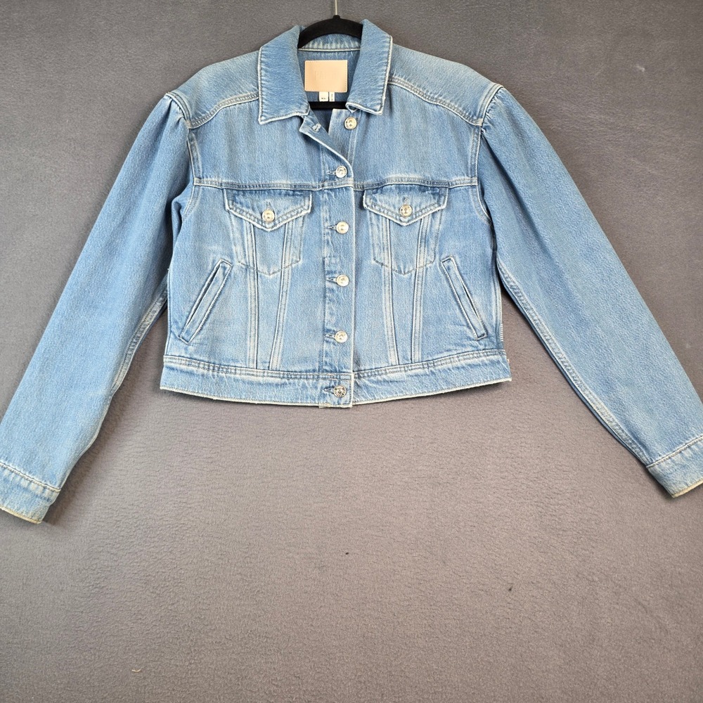 PAIGE Denim Jacket Women XS Light Blue Puff Shoulder Cropped Trucker